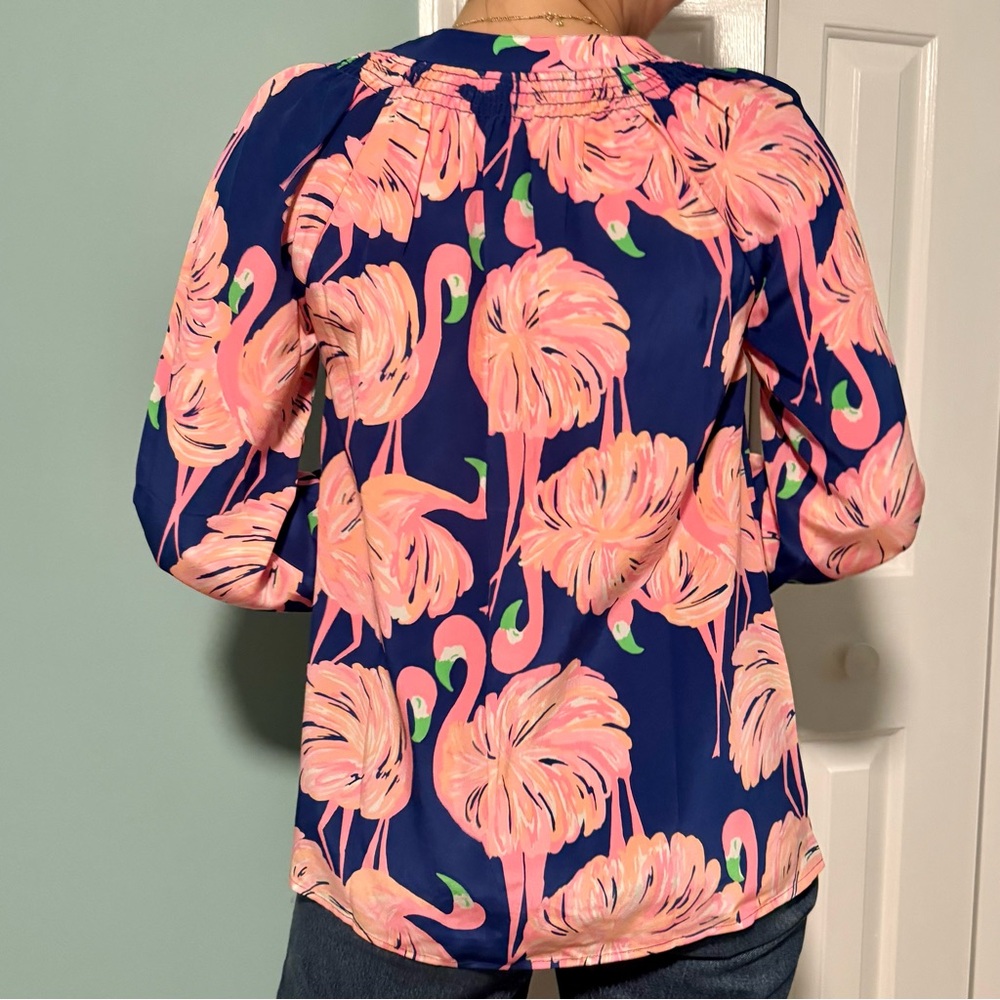 NWT Lilly Pulitzer Pink Flamingo Blouse on Blue